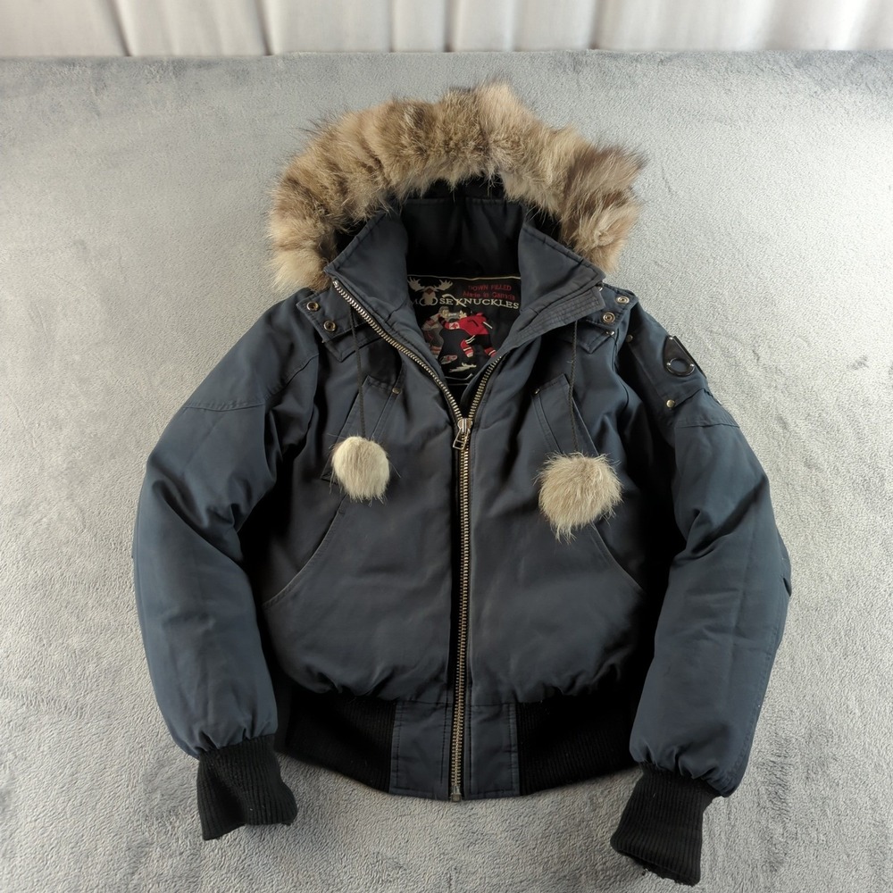 Moose Knuckles Bomber Jacket Womens Medium Blue Puffer Coat Down Fur Hood Logo